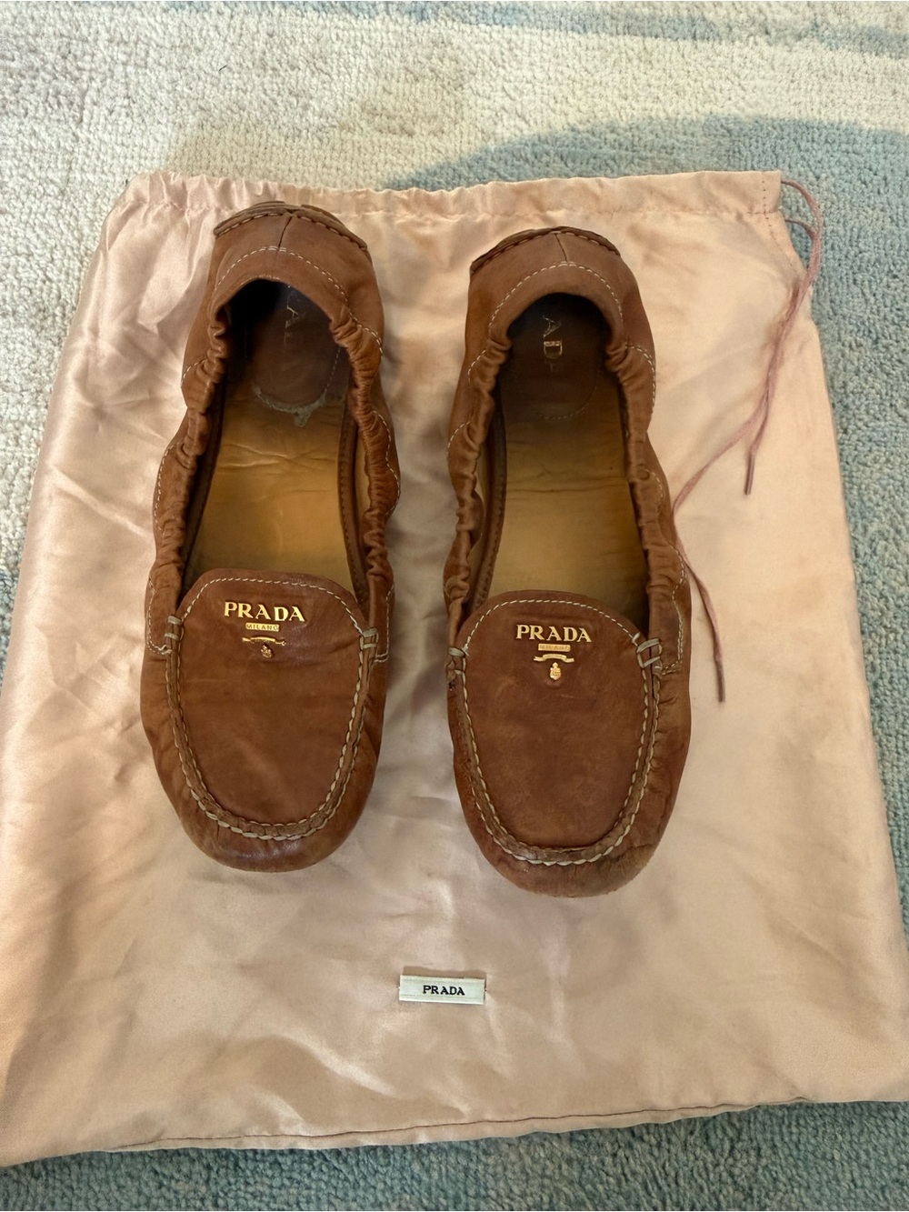 Prada Brown Leather Moccasins with Gold Logo